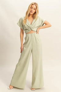 HYFVE Twisted Front Short Sleeve Top and Wide Leg Pants Set Thumbnail 1