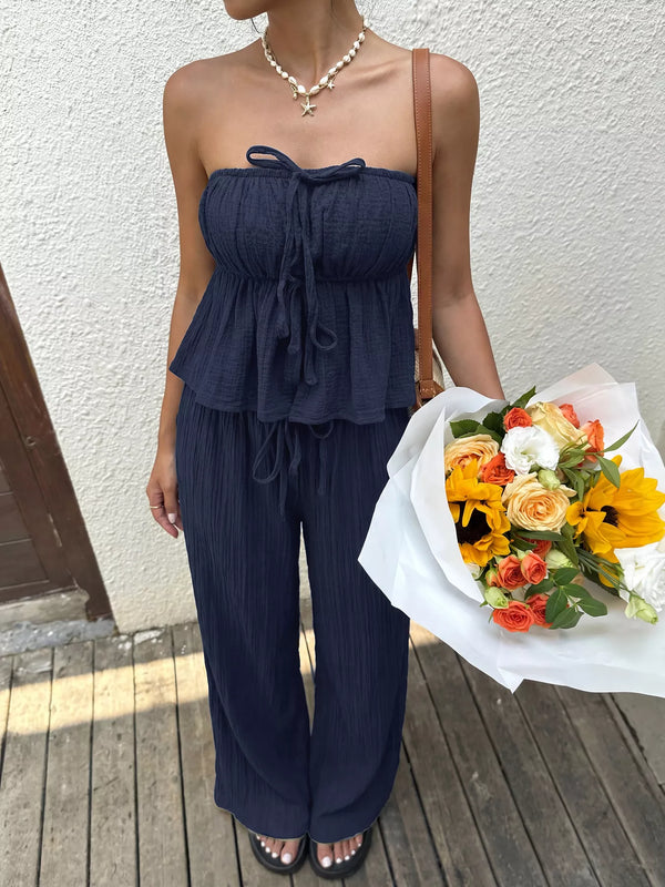 Textured Tube Top & Wide Leg Pants Set - Alternate View - WE4U Fashion USA