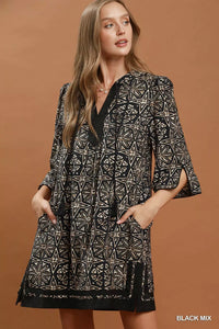Umgee Mix Geometric Print V-Neck Tassel Detail Tunic Dress Thumbnail 1