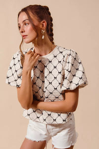 SO ME Bow Texture Woven Bubble Sleeve Top Thumbnail 9