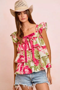 BiBi Floral Print Woven Bow Tie Ruffle Square Neck Top Thumbnail 5
