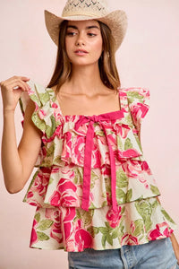 BiBi Floral Print Woven Bow Tie Ruffle Square Neck Top Thumbnail 1