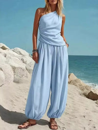 Full Size One-Shoulder Top and Wide Leg Pants Set Plus Size Thumbnail 1