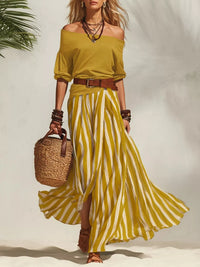 Off Shoulder Top and Striped Maxi Skirt Set Thumbnail 12