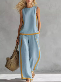 Full Size Contrast Stripe Sleeveless Top & Wide-Leg Pants Set Plus Size Thumbnail 6