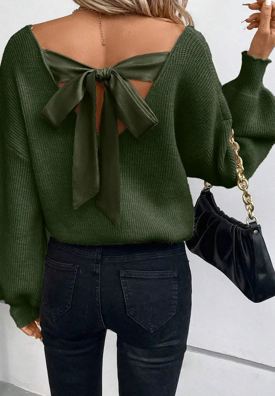 Tied Back V-Neck Long Sleeve Sweater - Alternate View - WE4U Fashion USA