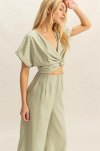 HYFVE Twisted Front Short Sleeve Top and Wide Leg Pants Set Thumbnail 3