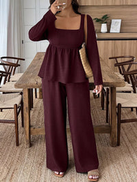 Plus Size Square Neck Long Sleeve Top and Pants Two-Piece Set Thumbnail 7