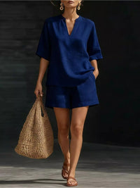 Full Size Notched Half Sleeve Top and Shorts Set Plus Size Thumbnail 10