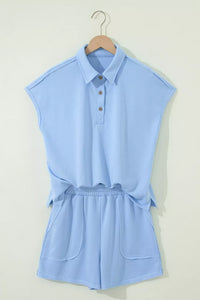 Casual Polo Collar Sleeveless Top and Shorts Set Thumbnail 4
