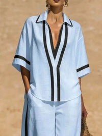 Full Size Contrast Trim Top and Pants Set Plus Size Thumbnail 2