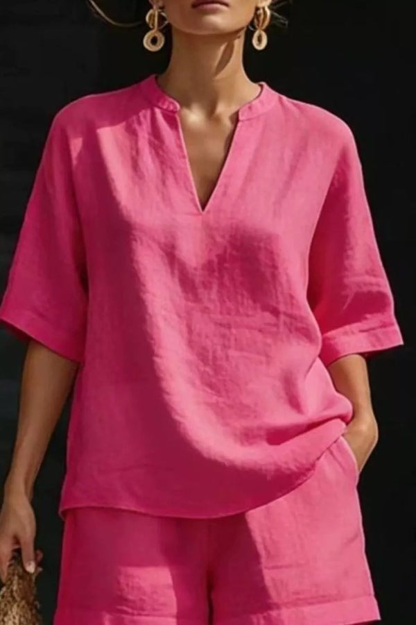 Notched Half Sleeve Top and Shorts Set - Alternate View - WE4U Fashion USA