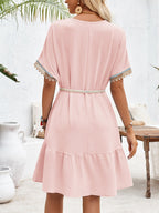 Lace V-Neck Bubble Tie Mini Dress WE4U