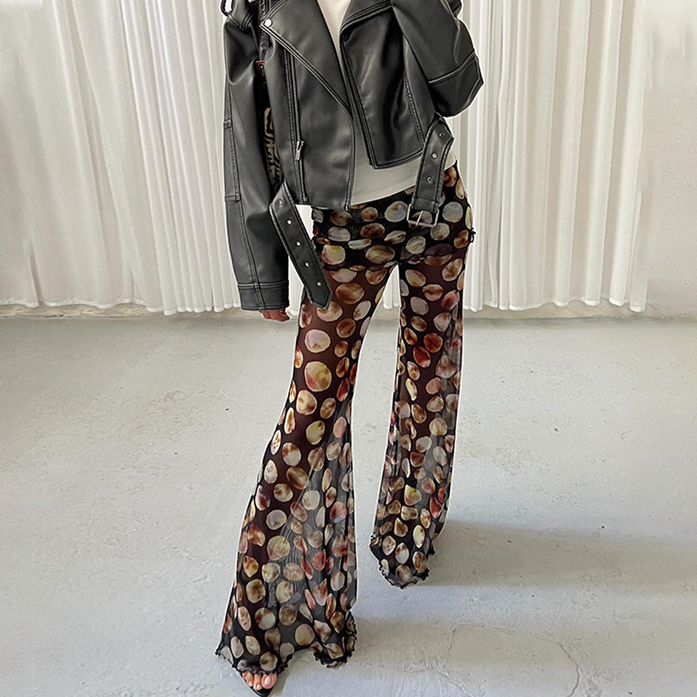 Summer Sexy Leopard Print Mesh Floral Print Trousers Women High Waisted Boot Cut Pants