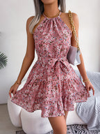 Floral Halter Belted Beach Swing Dress WE4U