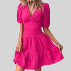Cinched Waist Puff Sleeve Tiered Mini Dress WE4U