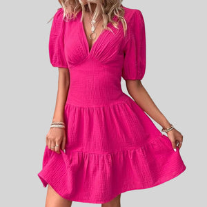 Women Short Sleeve Cinched Waist Slim Fit Big Swing Dress Rose Red Tiered Dress Ruffled