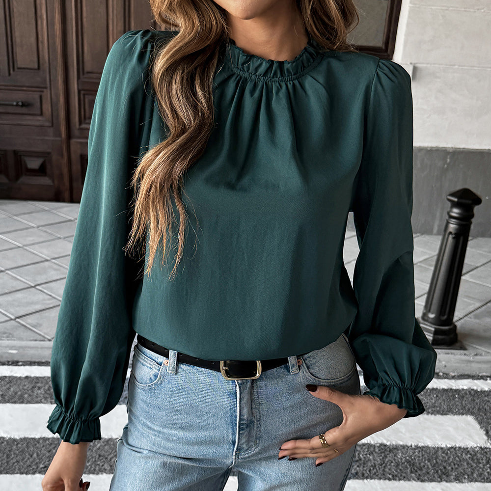 Ruffled Stand-Collar Long Sleeve Blouse