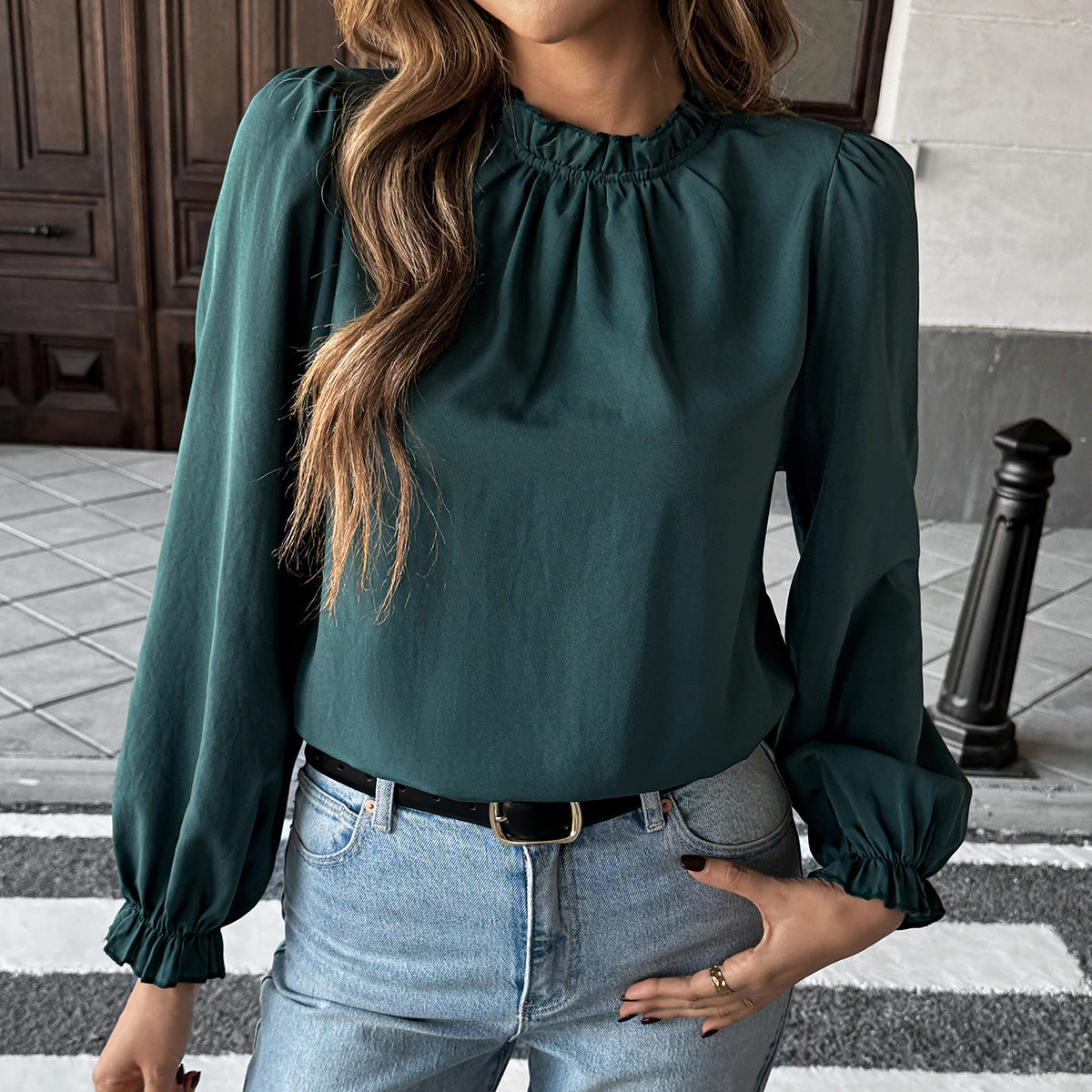 Ruffled Stand-Collar Long Sleeve Blouse