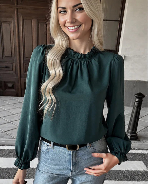 Ruffled Stand-Collar Long Sleeve Blouse - Women's Clothing & Dresses USA