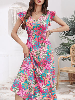 Summer Fresh Sweet Vacation Floral Printing Flying Sleeve Dress