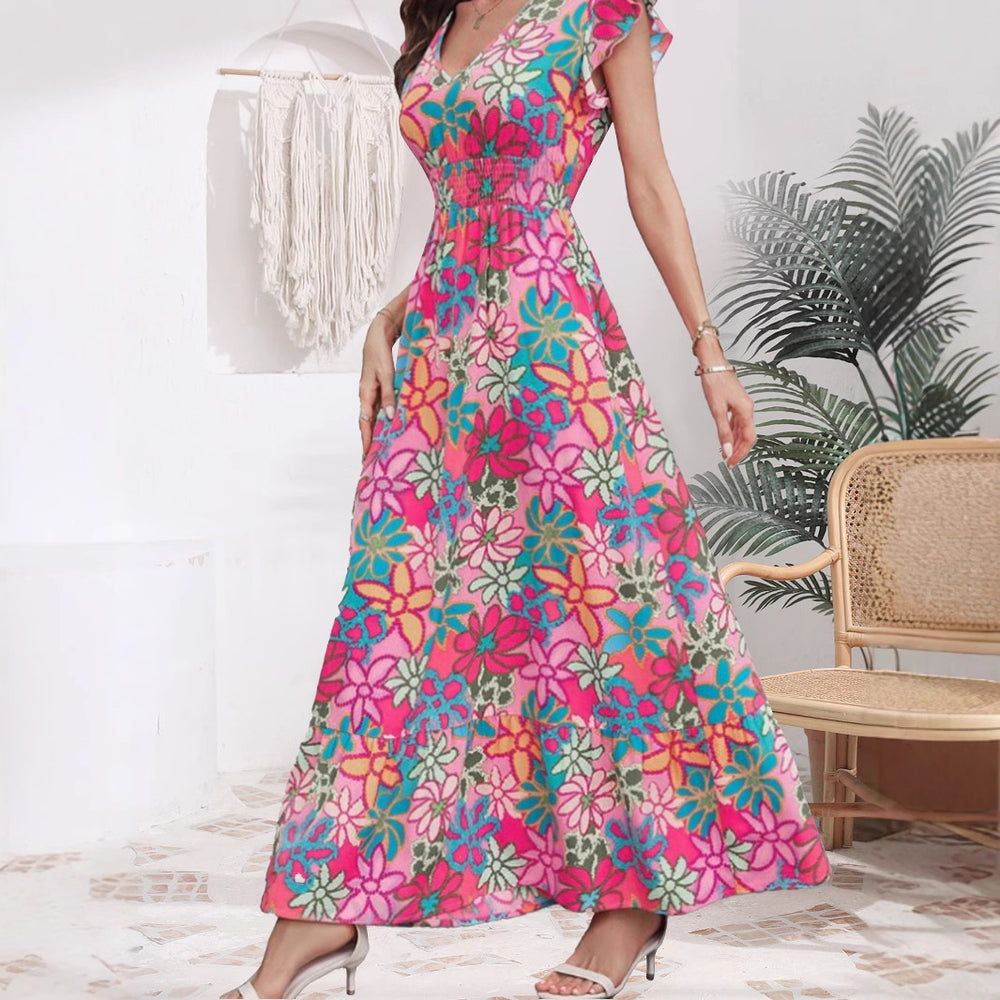 Summer Fresh Sweet Vacation Floral Printing Flying Sleeve Dress