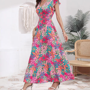 Summer Fresh Sweet Vacation Floral Printing Flying Sleeve Dress