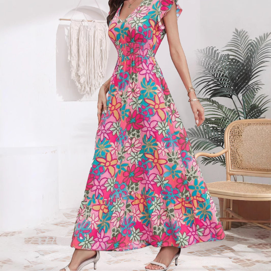 Summer Fresh Sweet Vacation Floral Printing Flying Sleeve Dress