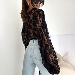 Lace Trumpet Sleeve V-Neck Top