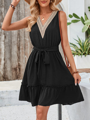 Summer Lace V neck Bubble Lace up Dress Women