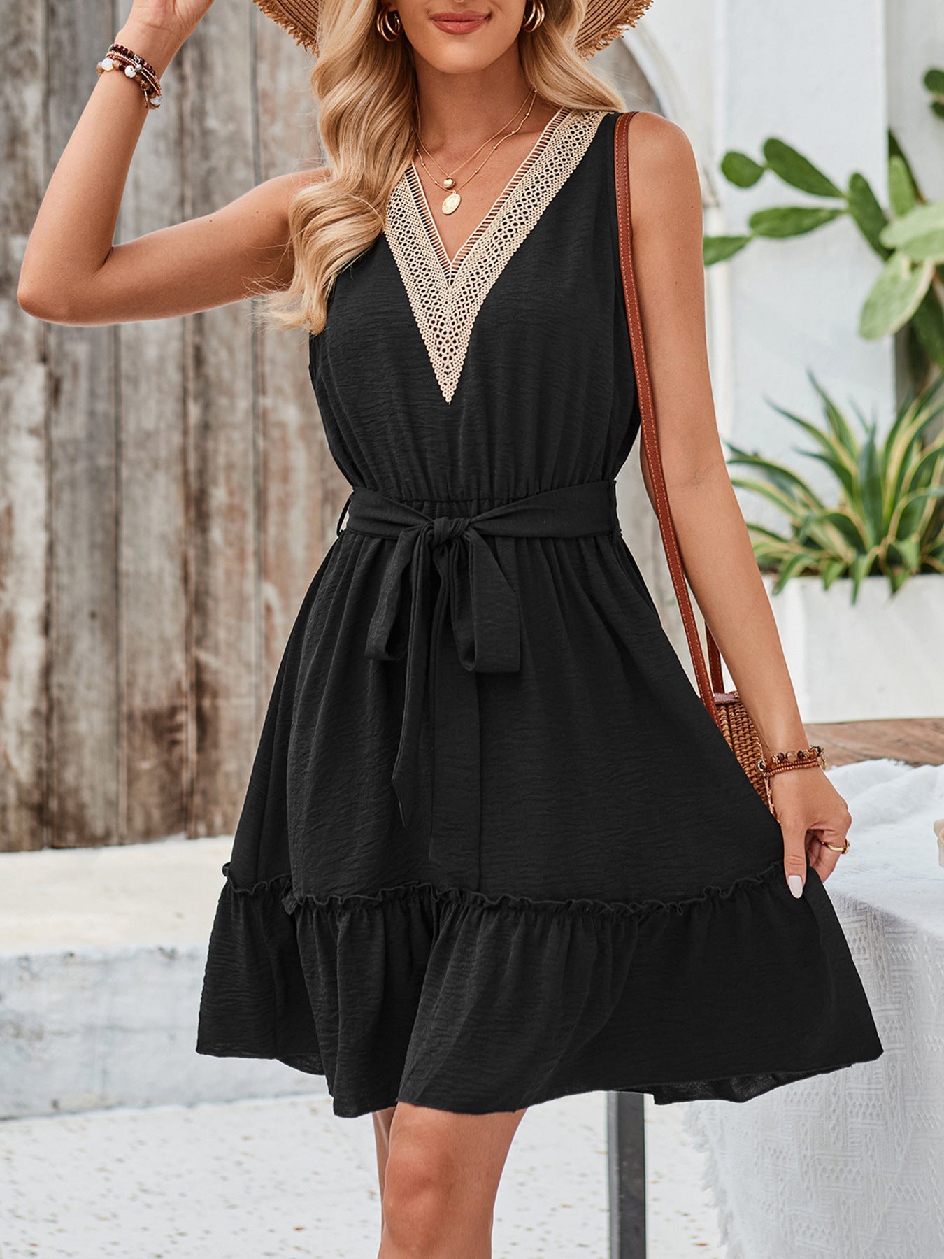 Lace V-Neck Tie-Waist Mini Dress WE4U
