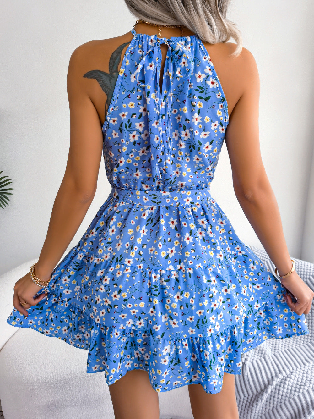 Floral Halter Belted Beach Swing Dress WE4U