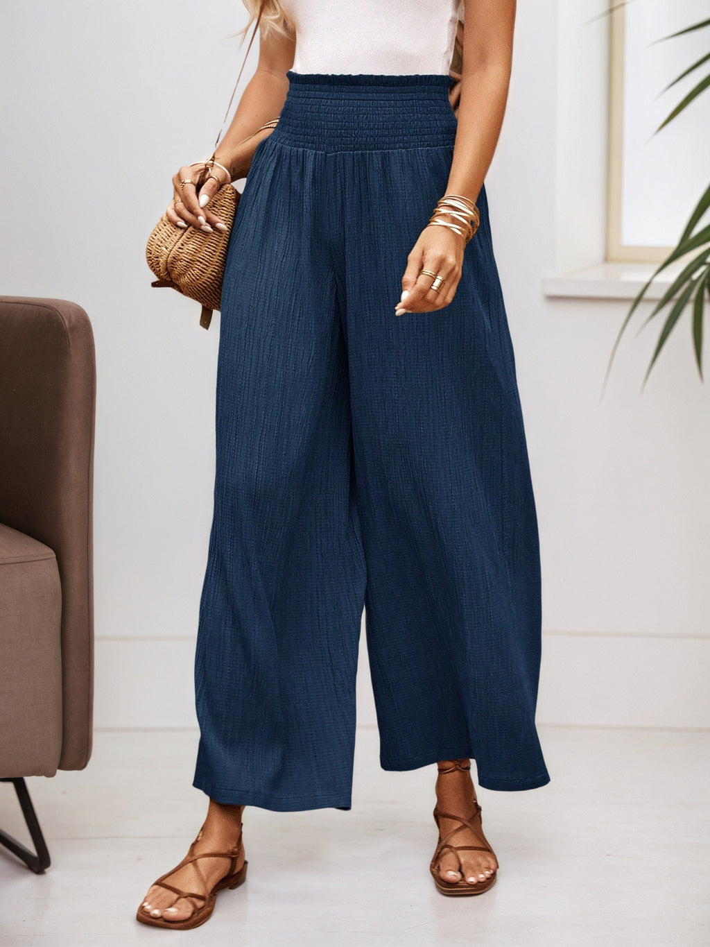Summer High Waist Casual Three Dimensional Line Pleated Design Elastic Waist Loose Wide Leg Pants