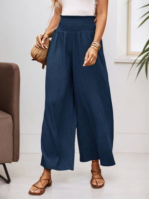 Summer High Waist Casual Three Dimensional Line Pleated Design Elastic Waist Loose Wide Leg Pants