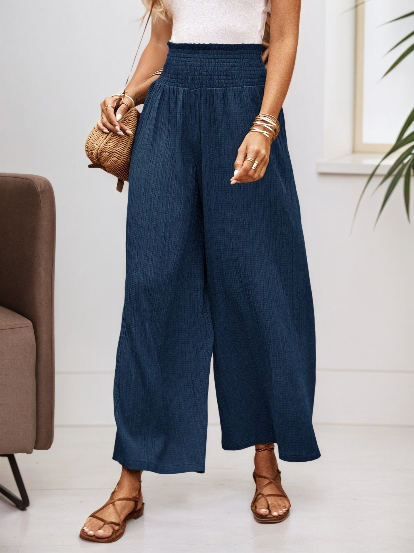 Summer High Waist Casual Three Dimensional Line Pleated Design Elastic Waist Loose Wide Leg Pants