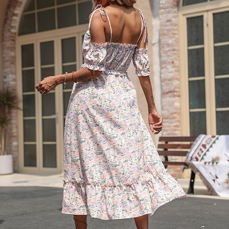 Ruffled Floral Spaghetti Strap Midi Dress