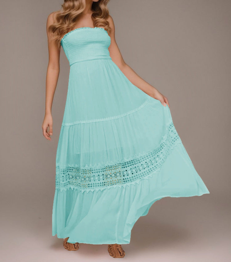 Solid Color Tube Top Hem Long Sleeveless Retro Bohemian Waist Tight Dress