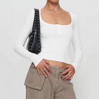 Button Square-Neck Long Sleeve Top WE4U