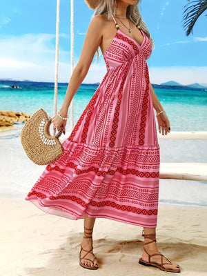 Women Clothing Bohemian Ethnic Print Backless Strap Beach Dress Vacation Casual Dress