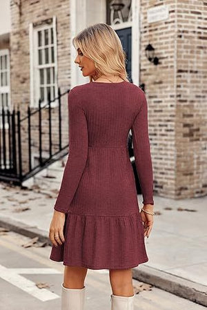Women Clothing Round Neck Pocket Casual Knee Length Sweater Long Sleeve Dress