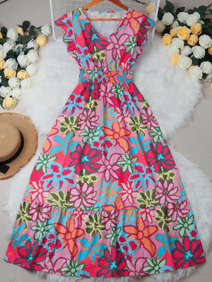 Summer Fresh Sweet Vacation Floral Printing Flying Sleeve Dress