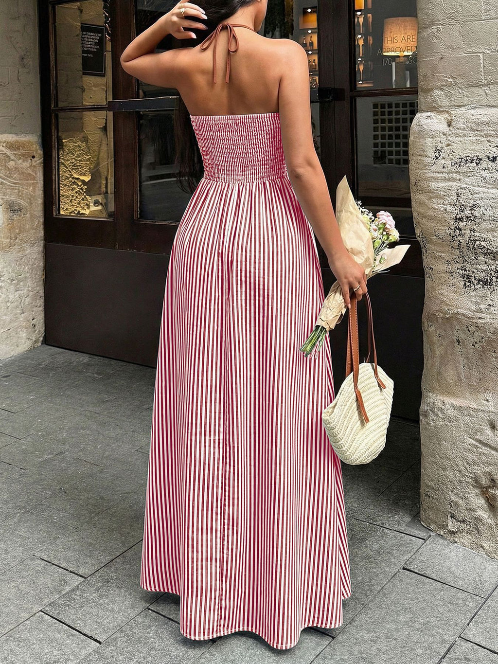 Summer V neck Striped Holiday Dress Elegant Backless Sleeveless Halter Maxi Dress Women
