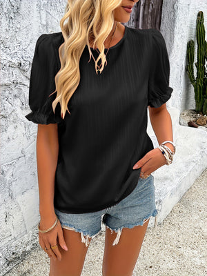 Ruffled Puff Sleeve Crew-Neck Blouse