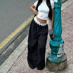Lace Contrast Wide-Leg Mop Pants WE4U