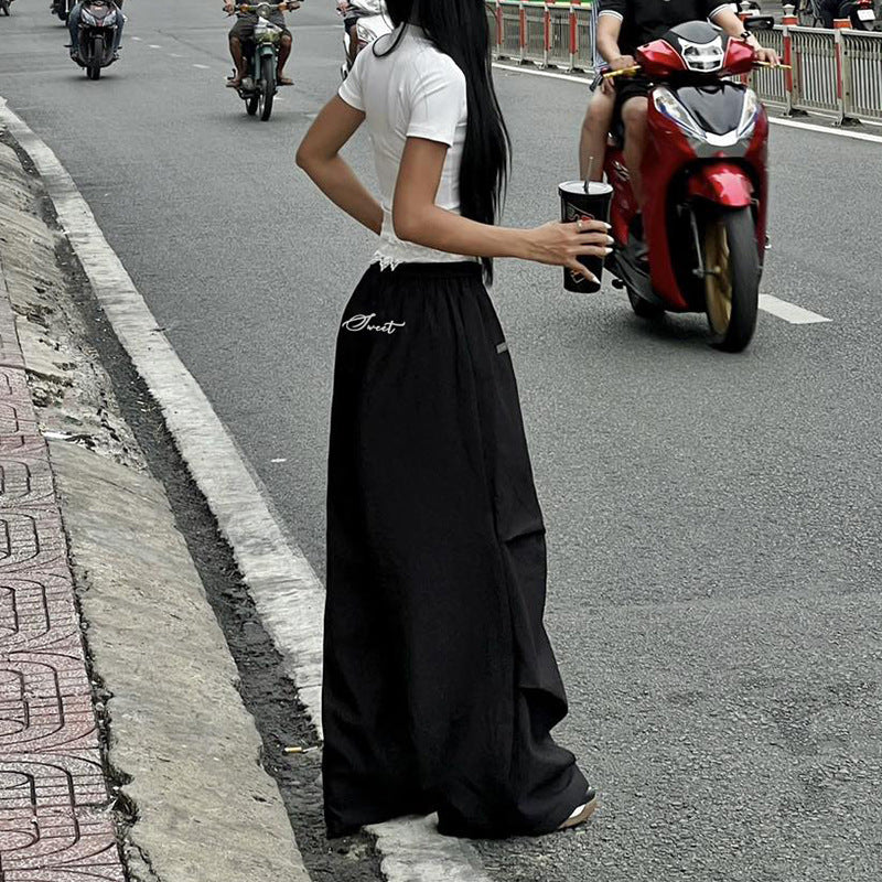 Casual Lace Lace Contrast Color Waist Loose Trousers Street Sexy Trendy Straight Wide Leg Mop Pants Women