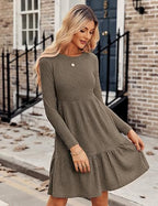 Pocket Crew-Neck Long Sleeve Midi Dress WE4U