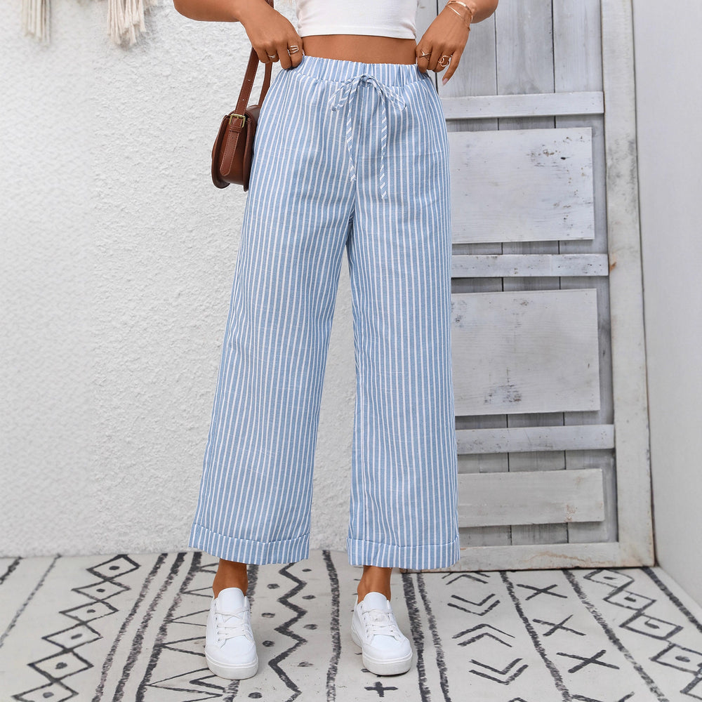Summer Women Clothing Striped High Waist Casual Cropped Pants
