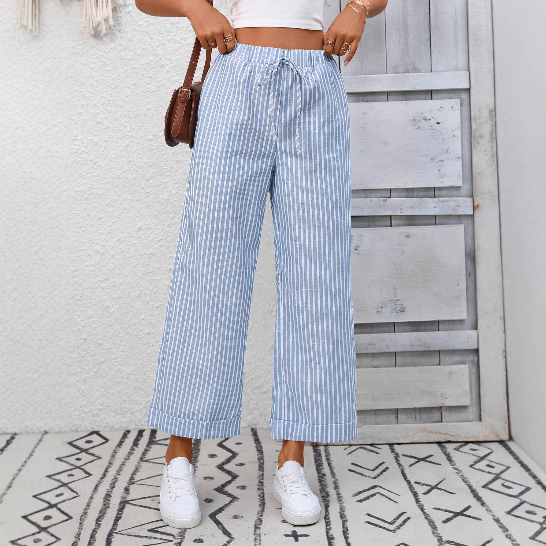 Summer Women Clothing Striped High Waist Casual Cropped Pants