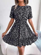 Polka Dot Cinched Ruffle Swing Dress WE4U