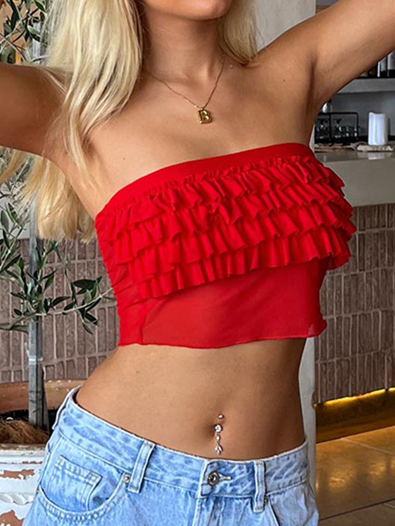 Ruffle Lace Strapless Bandeau Crop Top